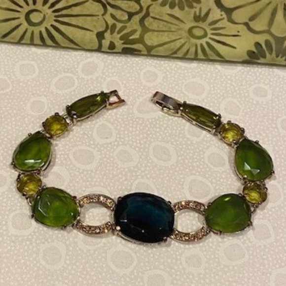 VTG MONET Green Blue Faceted Stone Link Rhinestone BRACELET